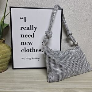 Rhinestone Silvertone Mesh Fabric Shoulder Evening Purse